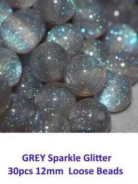 Grey Sparkle Glitter Resin Loose Beads  30pcs 12mm